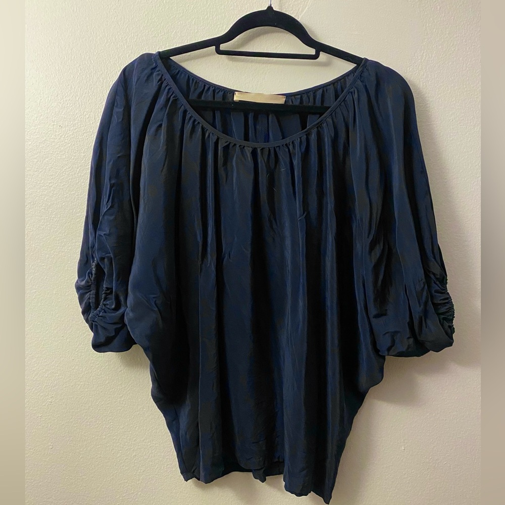 100% Silk Navy Blue Dolman Puff Sleeve Top Size S